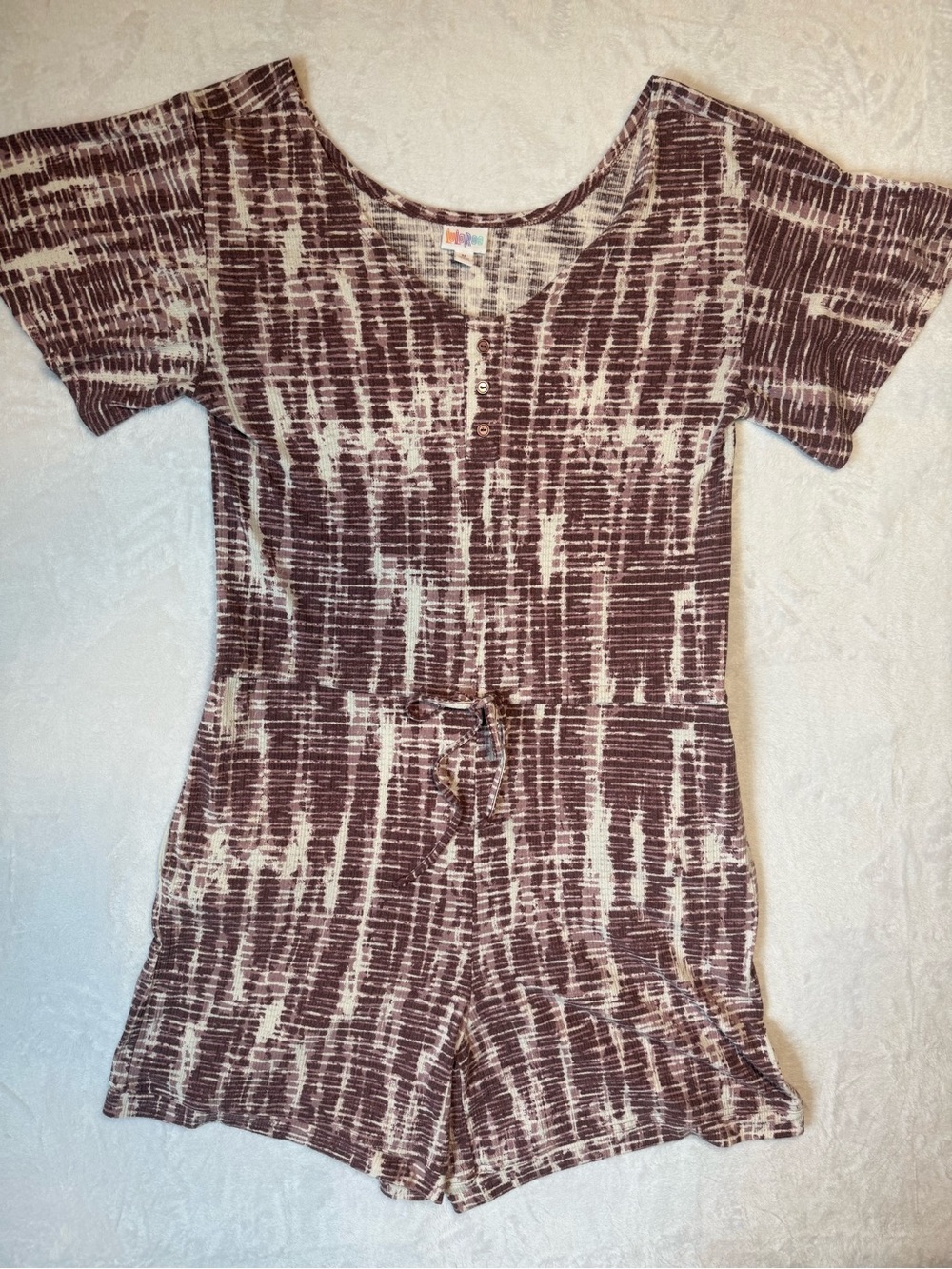 LuLaRoe Brown Purple and Cream Tie-Dye Romper